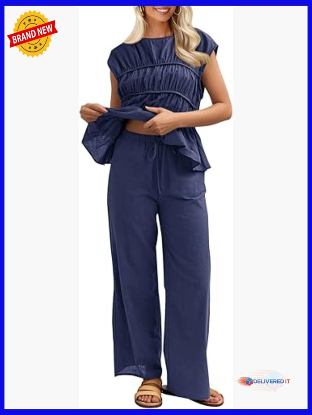 Linen Babydoll Peplum Tank Top and Pants Set Summer Travel Outfit